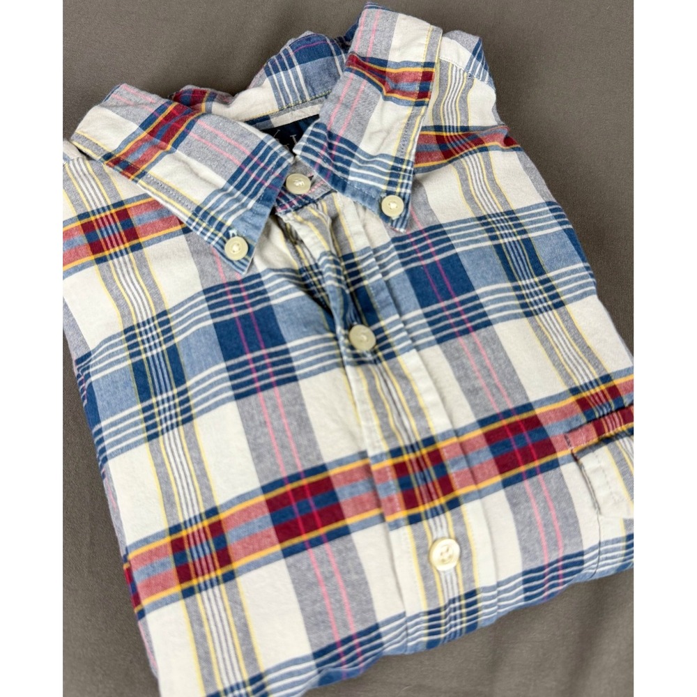 Polo Ralph Lauren Mens Large Madras Plaid Short Sleeve Button Up Blue Red Yellow